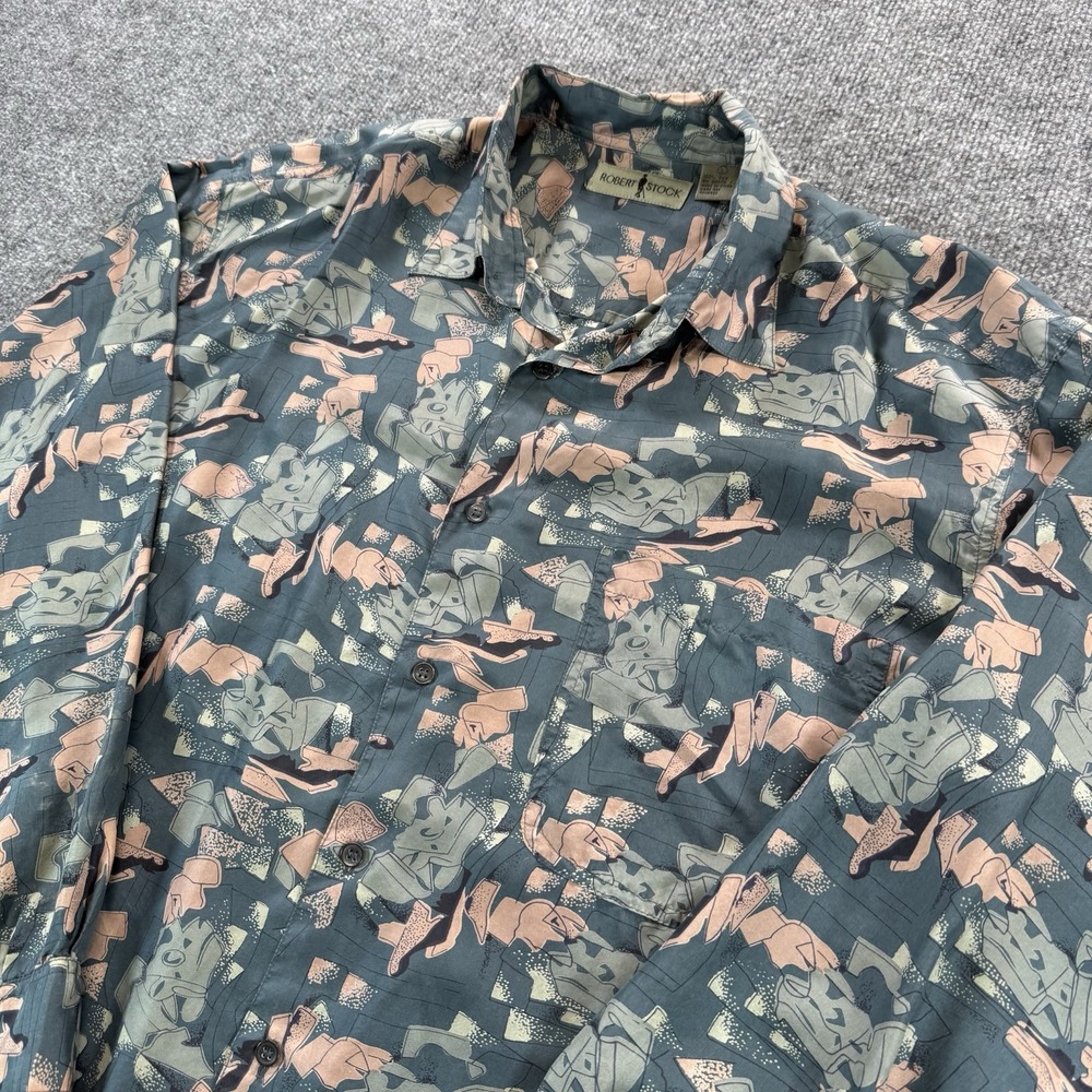 Robert Stock 100% Silk Men's Button Down Shirt Size L Abstract Vintage Teal